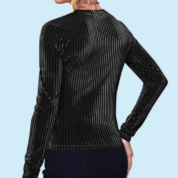 Shein Ribbed Velvet Top Long Sleeve Black NEW 8/10 - Picture 2 of 2
